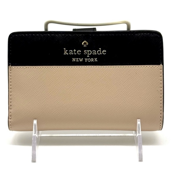 Kate Spade Leila Medium Pebbled Leather Compact Bifold Wallet Tan/Black - Picture 1 of 9